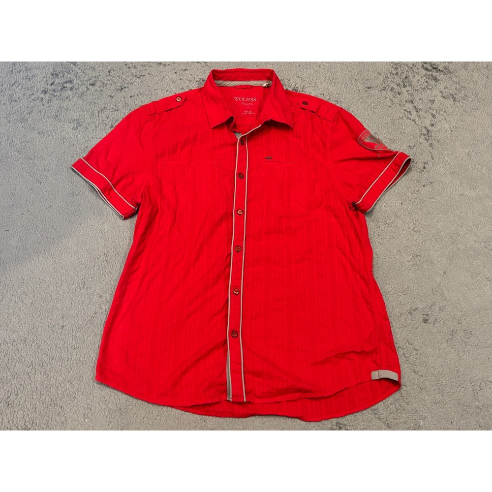 Guess Mens Red Short Sleeve Button Down Slim Fit Striped Shirt Large